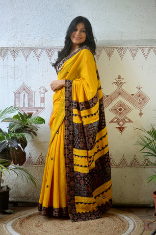 Mul Cotton Hand Embroidered Saree Yellow black