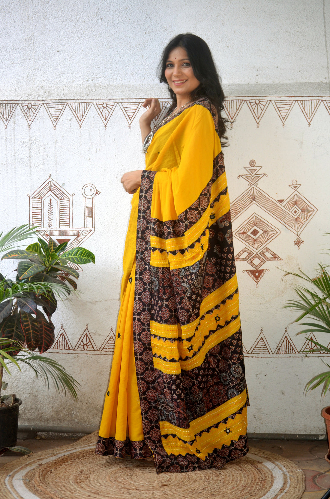 Mul Cotton Hand Embroidered Saree Yellow black