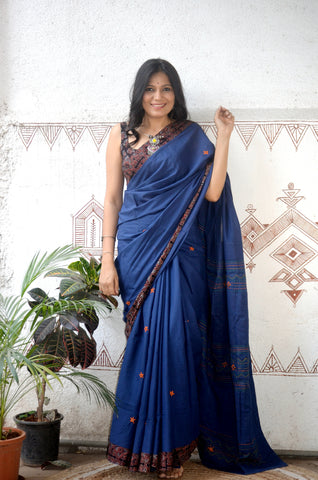 Mul Cotton Hand Embroidered Saree Blue black