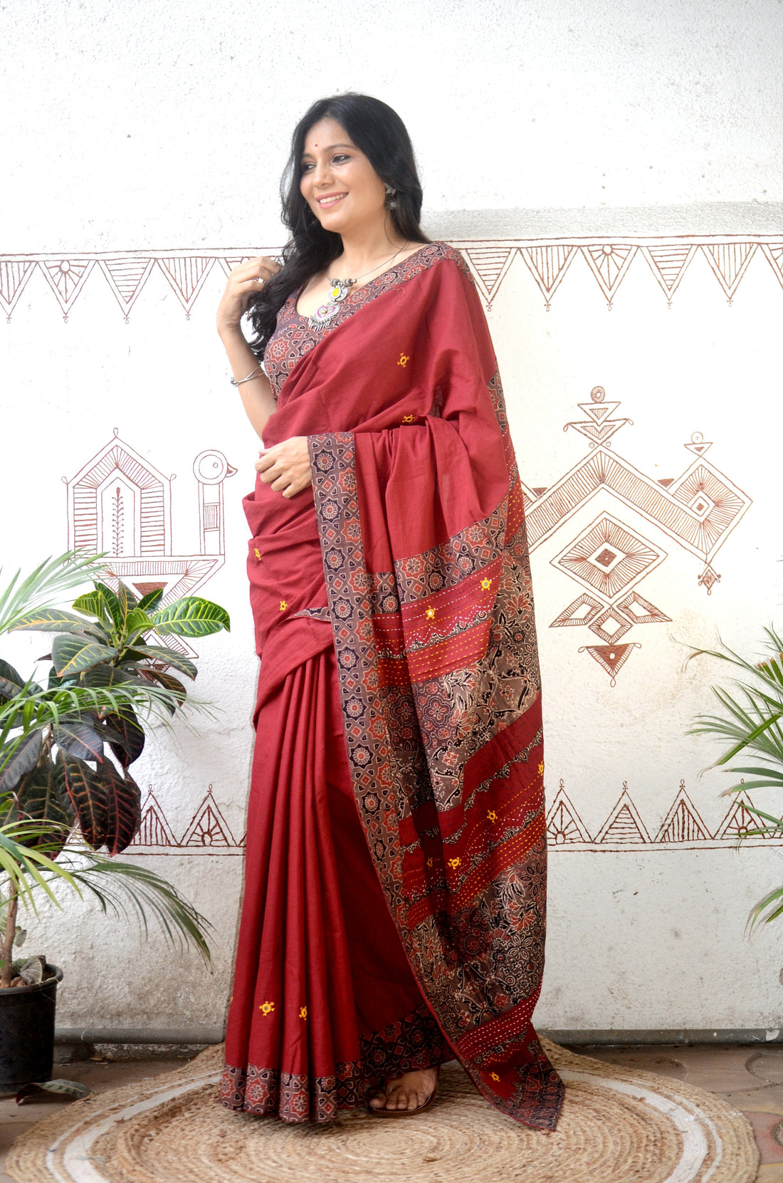 Mul Cotton Hand Embroidered Saree Rust beige2