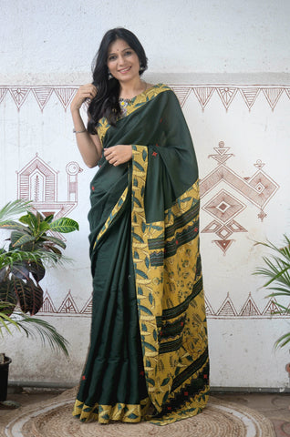 Mul Cotton Hand Embroidered Saree Green yellow