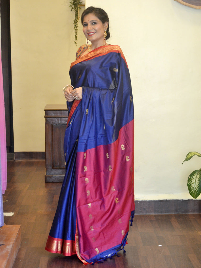 Navy Blue Woven Paithani Saree – MySilkLove