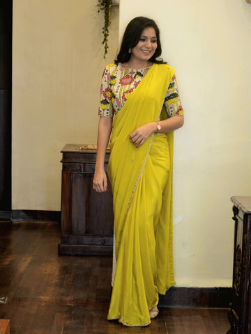 Crepe Hand Embroidered Saree - Yellow