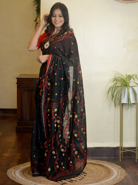 Cotton Jamdani Black Saree