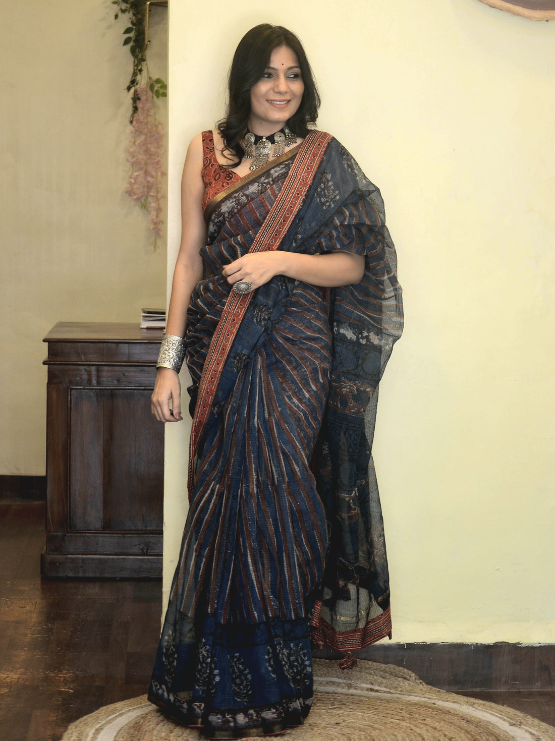 Pakhi'-Kota Doria Ajrkh Patch Work Saree  Indigo2