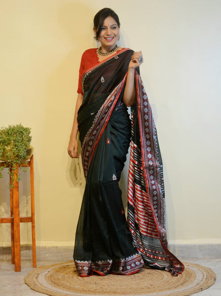 Woven Assam Cotton Saree-Black