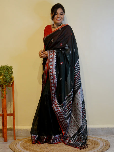 Woven Assam Cotton Saree-Black