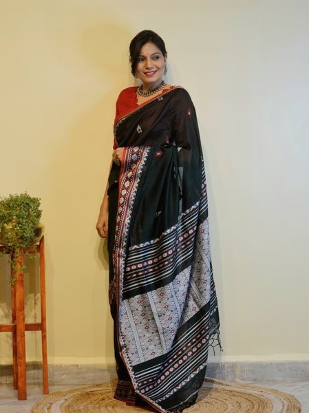 Woven Assam Cotton Saree-Black