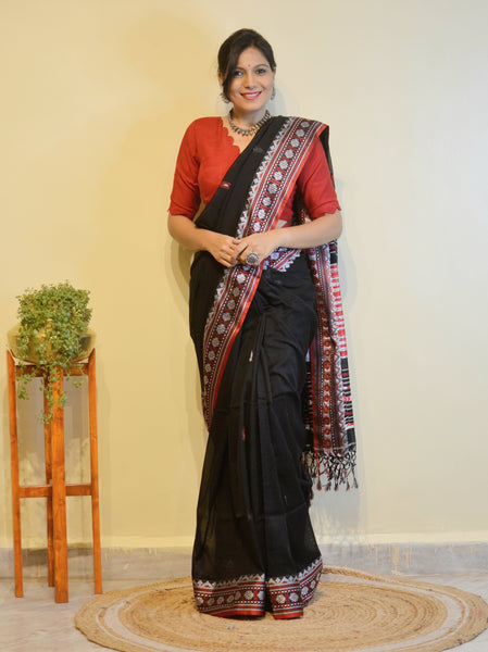 Woven Assam Cotton Saree-Black