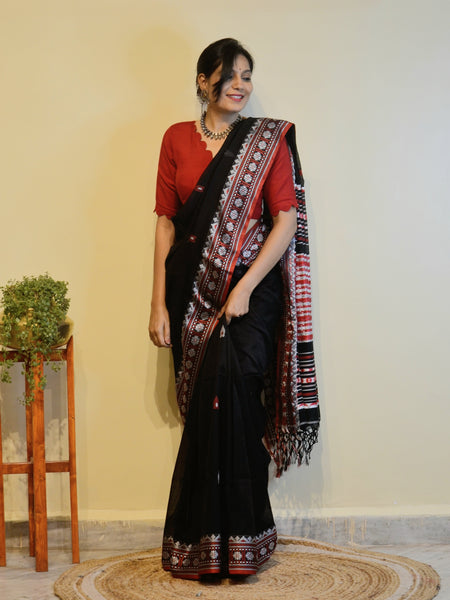 Woven Assam Cotton Saree-Black