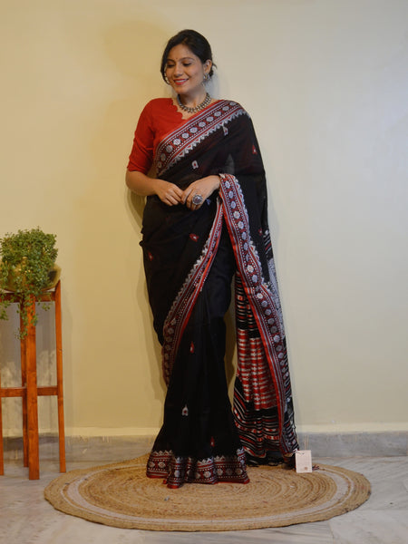 Woven Assam Cotton Saree-Black