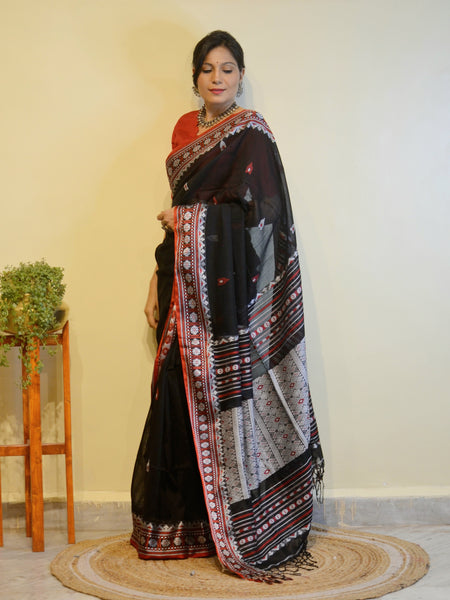 Woven Assam Cotton Saree-Black