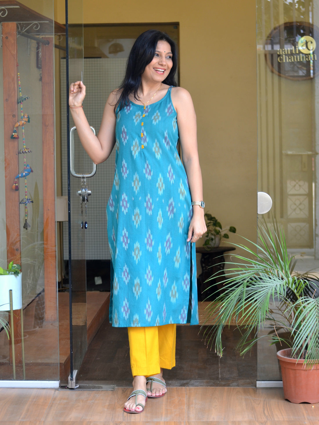 Harita- Handloom Ikkat Kurta Teal Green