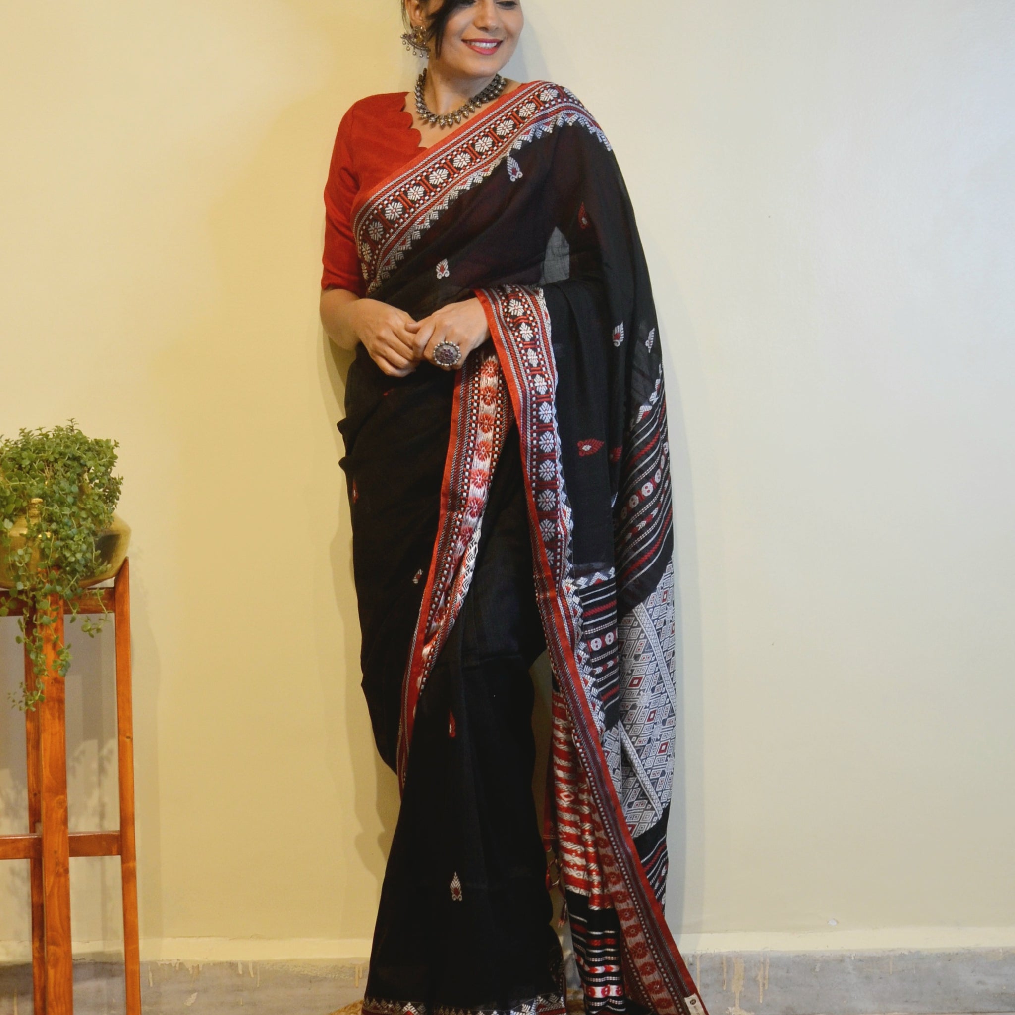 Woven Assam Cotton Saree-Black