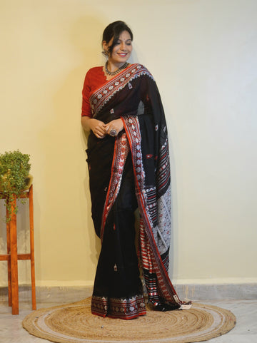 Woven Assam Cotton Saree-Black