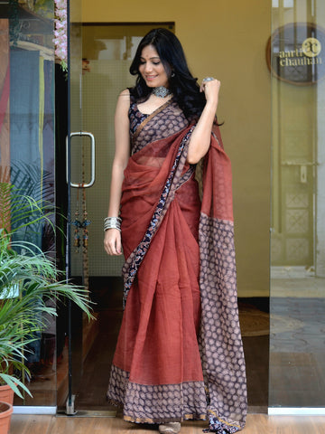 'Pakhi'-Kota Doria Ajrkh Patch Work Saree Rust1