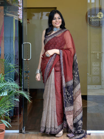 'Pakhi'-Kota Doria Ajrkh Patch Work Saree Rust2