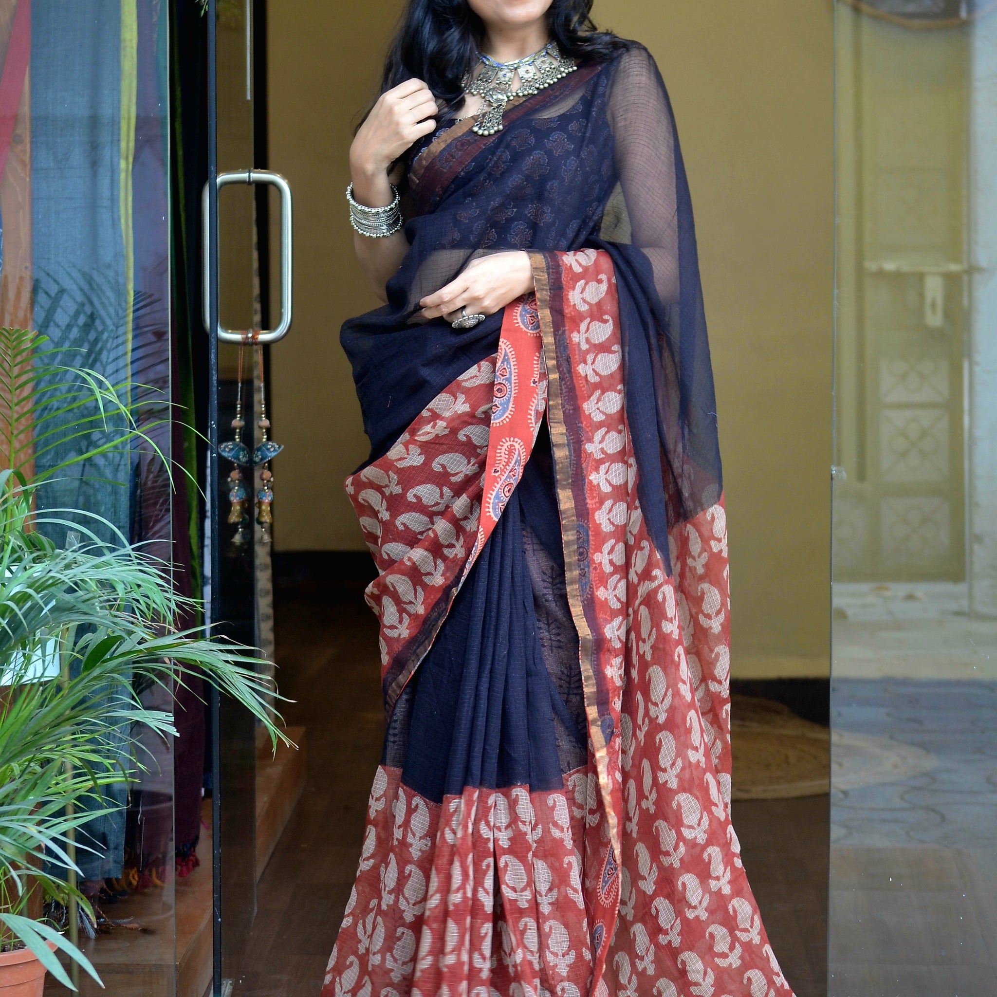 'Pakhi'-Kota Doria Ajrkh Patch Work Saree Black2