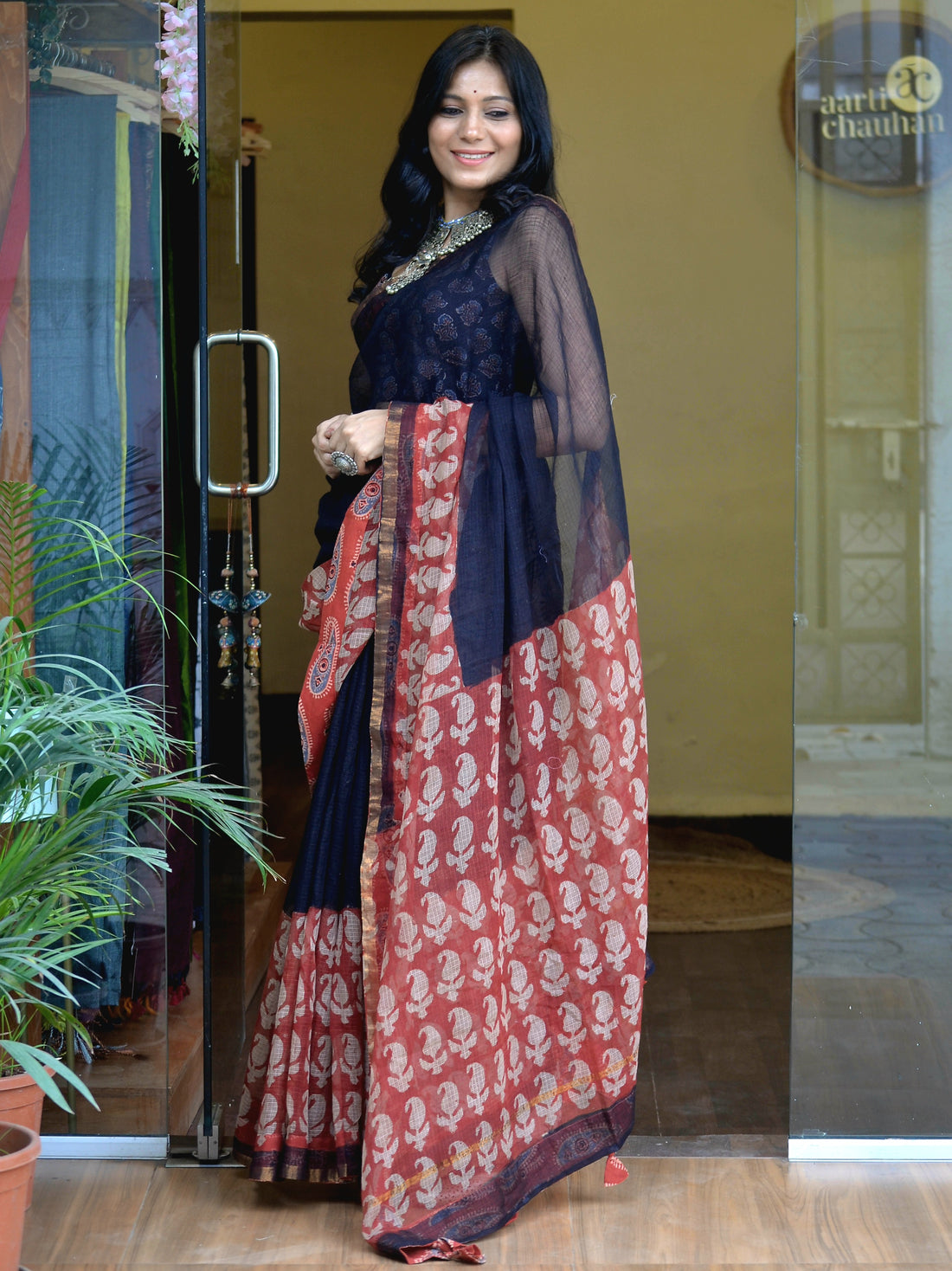 'Pakhi'-Kota Doria Ajrkh Patch Work Saree Black2