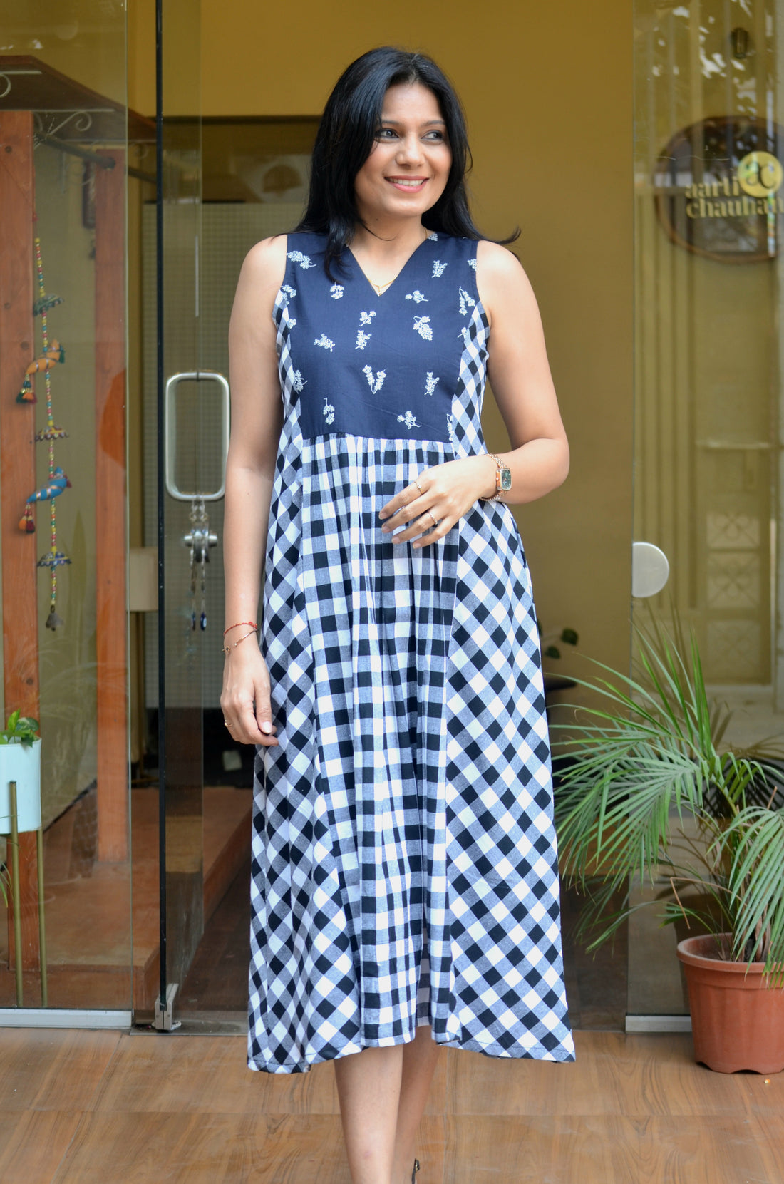 Sunday Monochrome- Handloom Ikkat Checkered Dress Black