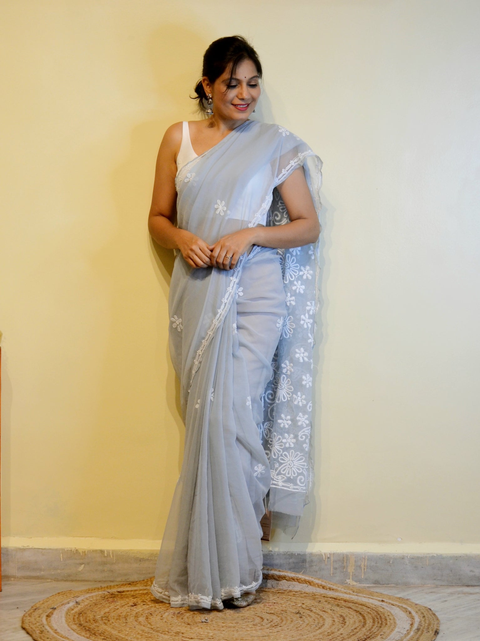 Grey Party Wear Chikankari Saree