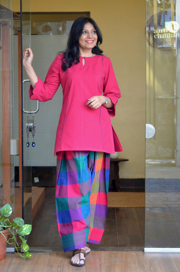 Madras Check Farshi Salwar Set - Pink Co-ord Set