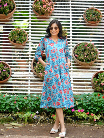 'Basant Bahar'-Cotton Block Printed Dress Blue