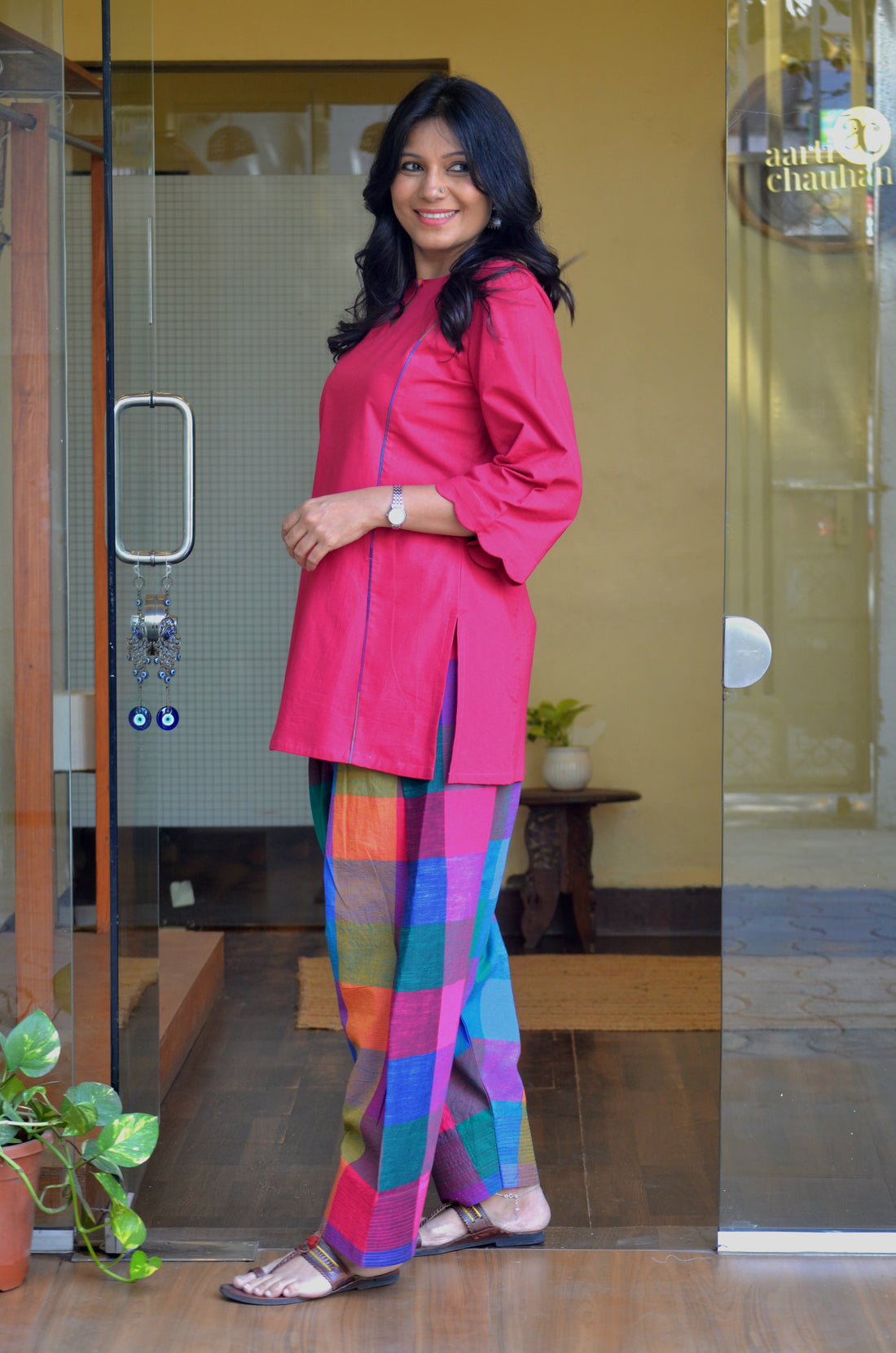 Madras Check Farshi Salwar Set - Pink Co-ord Set