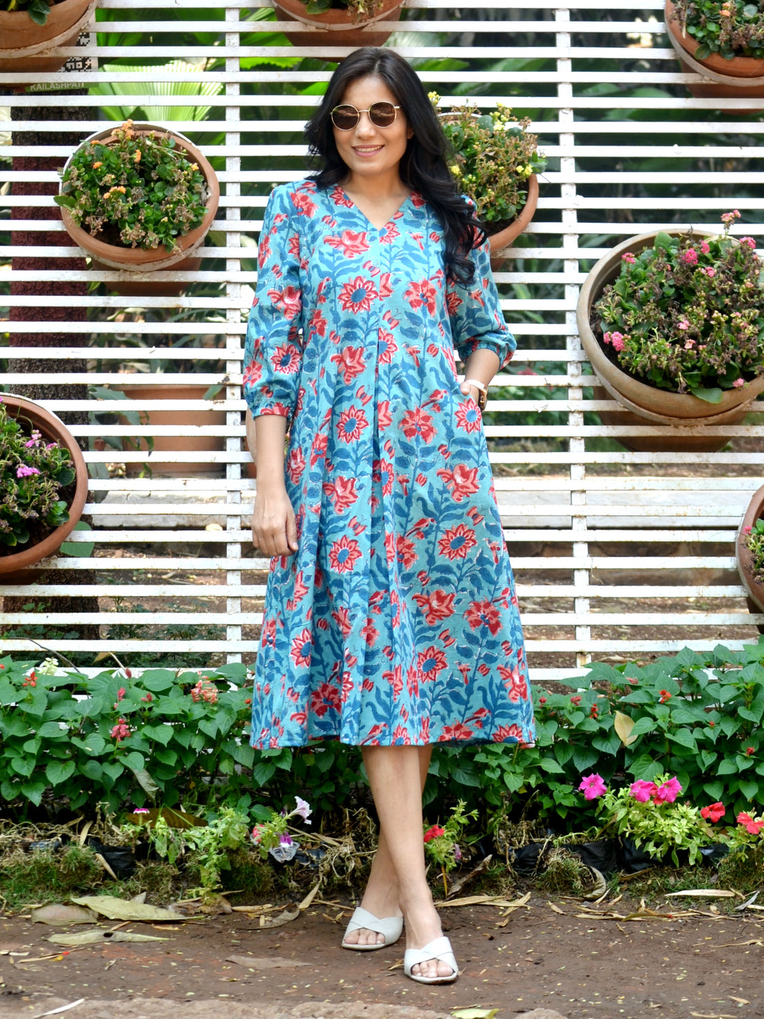 'Basant Bahar'-Cotton Block Printed Dress Blue