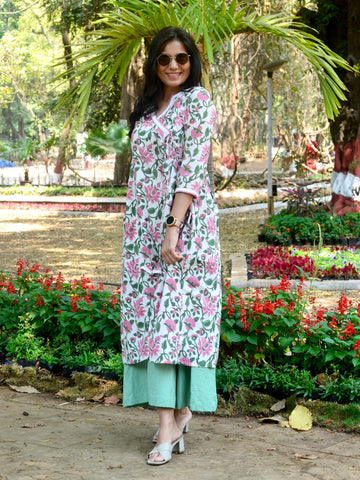 'Basant Bahar'-Cotton Block Printed Kurti White