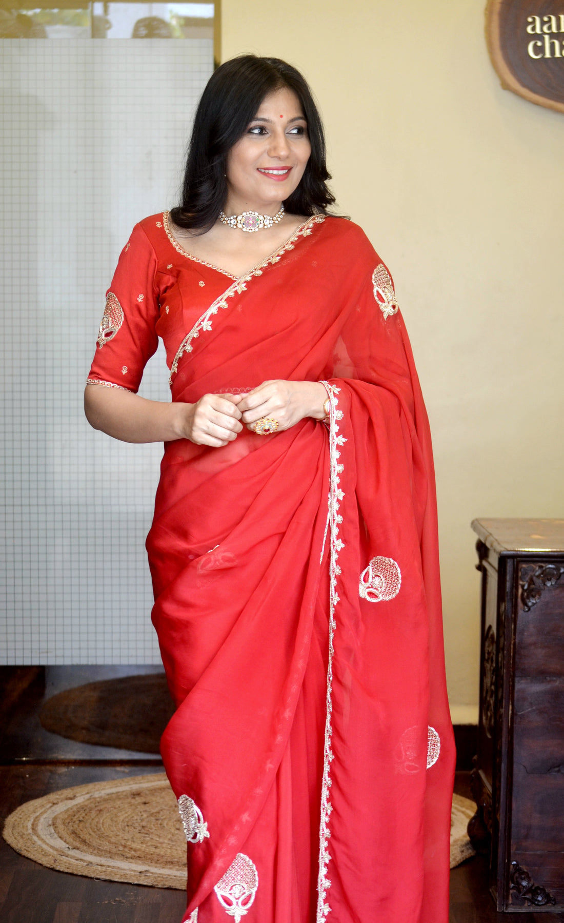 "Shringar" - Hand Embroidered Organza Silk Sarees Red