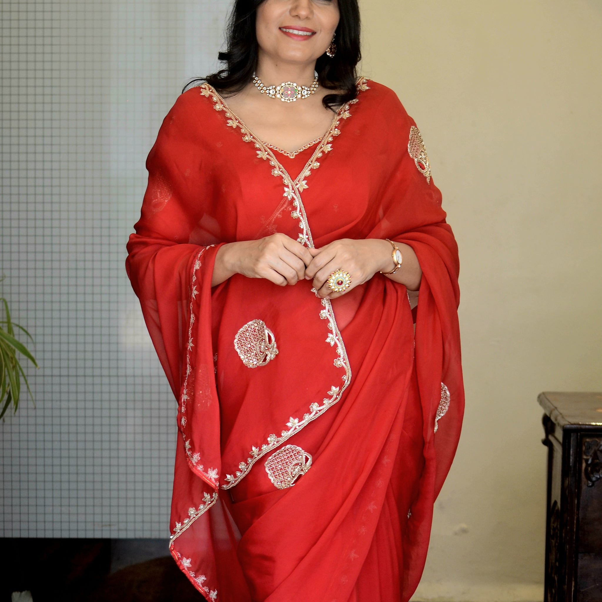 "Shringar" - Hand Embroidered Organza Silk Sarees Red