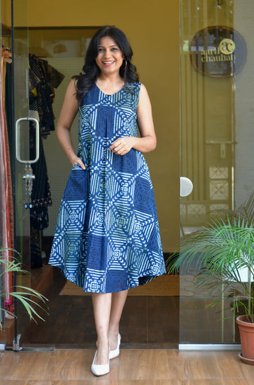 Rozana - Cotton Ajrakh Dress Indigo