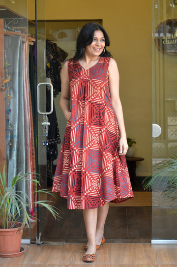 Rozana - Cotton Ajrakh Dress Rust
