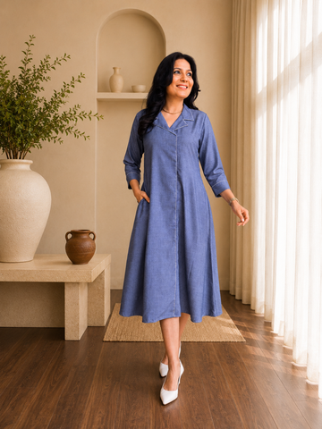 Denim Lite - Notch Collar Dress Grey