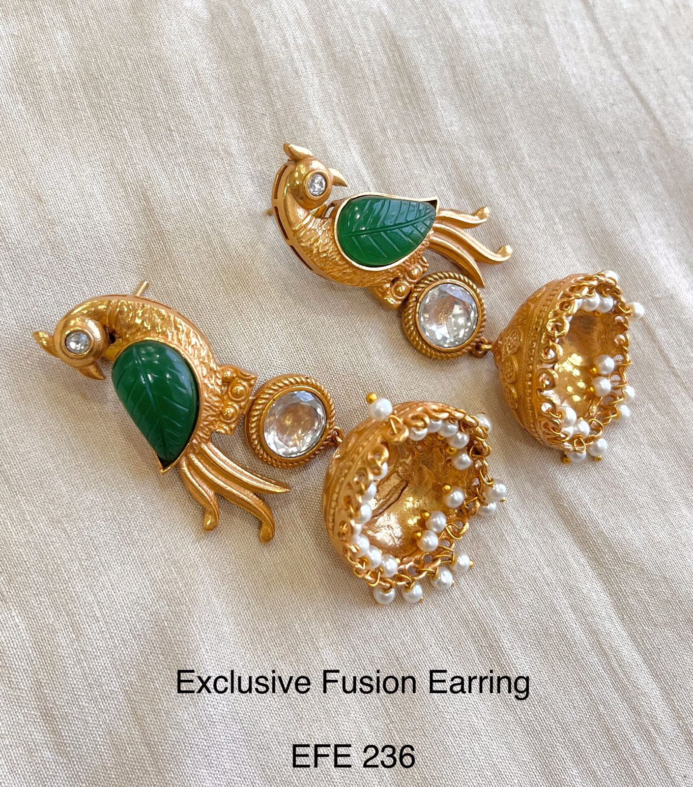 Bird Motif Golden Jhumka -Green