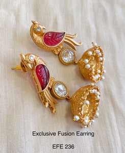 Bird Motif Golden Jhumka -Ruby red