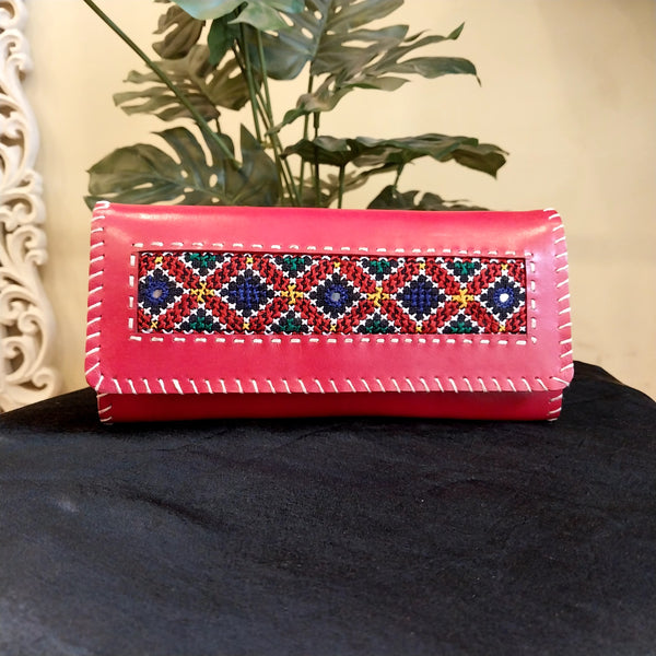 Embroiderd Leather sling Wallet - Red