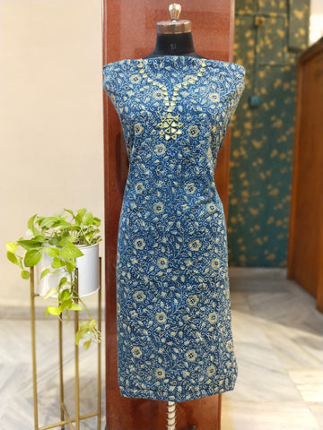 Ajrakh Mirror Work Unstitched Kurti - Indigo 1