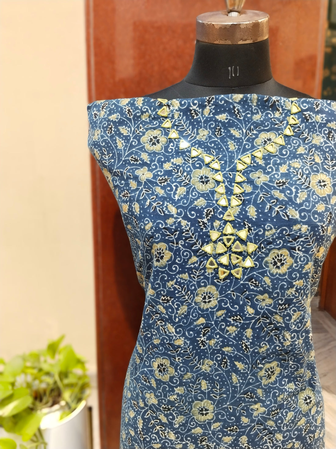 Ajrakh Mirror Work Unstitched Kurti - Indigo 1