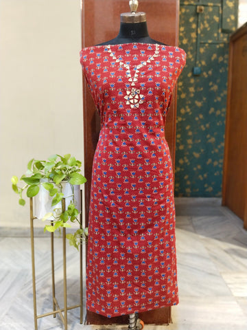 Ajrakh Mirror Work Unstitched Kurti - Rust
