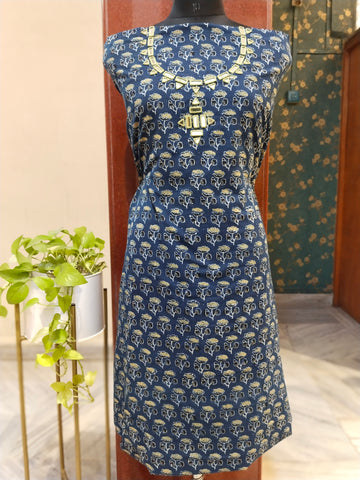Ajrakh Mirror Work Unstitched Kurti - Indigo 2