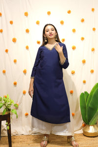 'Noor'-Mul Silk Hand Embroidered Kurti Teal Blue