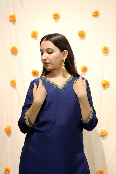 'Noor'-Mul Silk Hand Embroidered Kurti Teal Blue