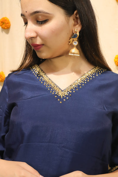 'Noor'-Mul Silk Hand Embroidered Kurti Teal Blue