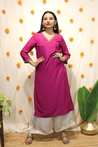 'Noor'-Mul Silk Hand Embroidered Kurti Magenta