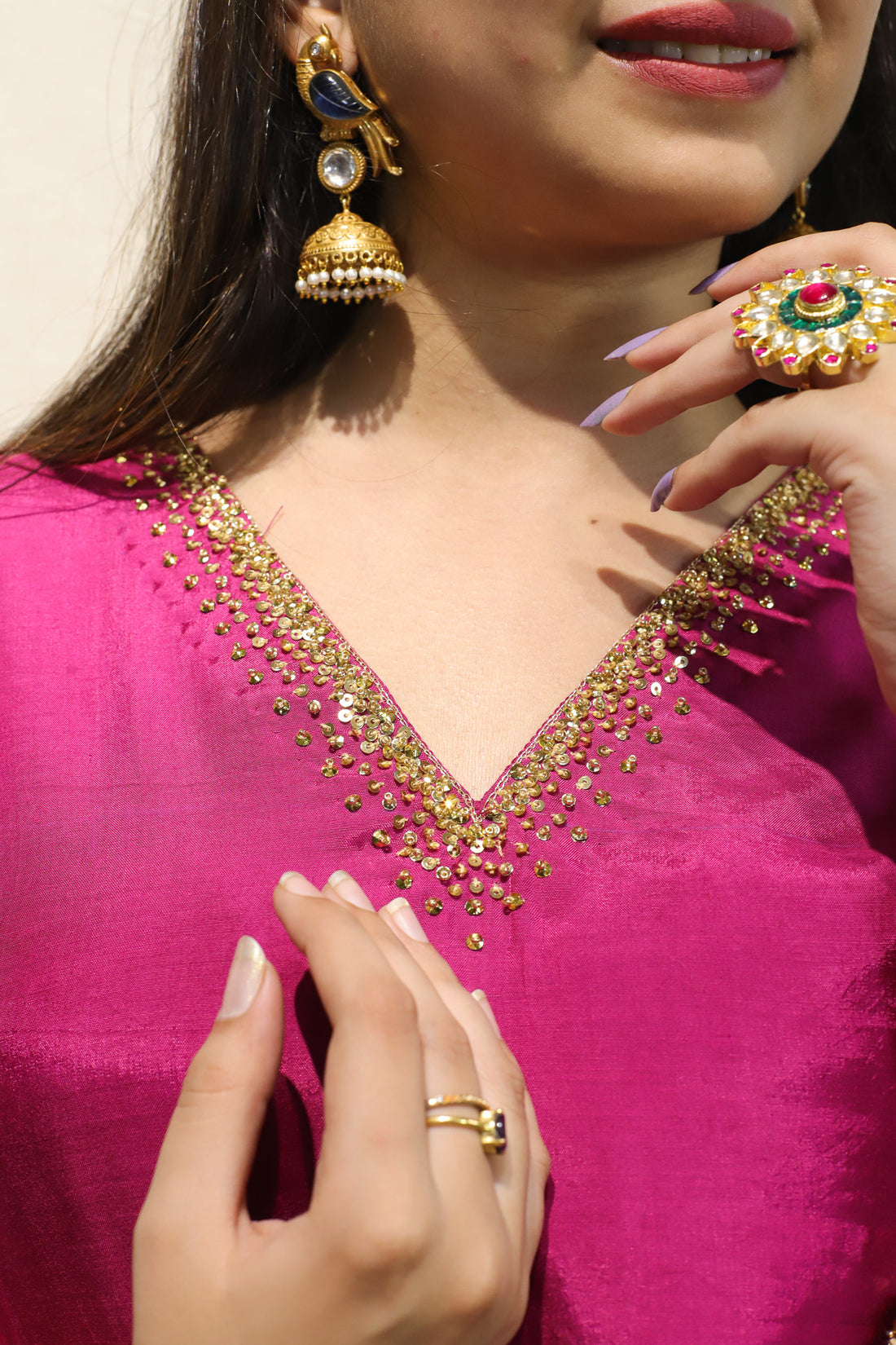 'Noor'-Mul Silk Hand Embroidered Kurti Magenta