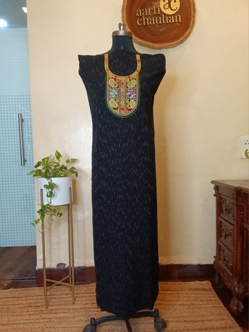 Ikkat Ahir Work Unstitched Kurti - Black