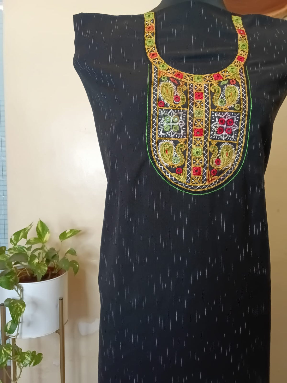 Ikkat Ahir Work Unstitched Kurti - Black