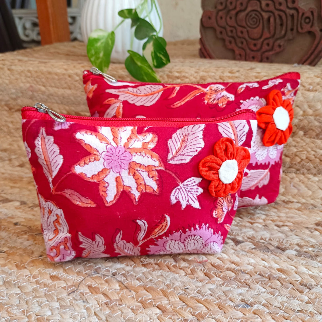 Quilted Makeup Floral Pouch / Utility Set - Red